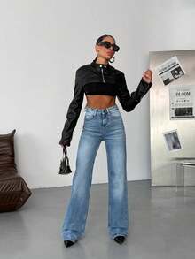 SQUALO Chocolate Brown High-Waisted Wide Leg Jeans - Blue - View 4