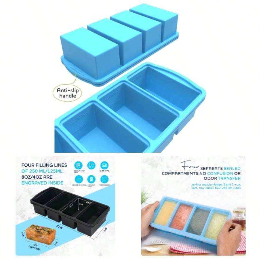 Silicone Freezer Trays With Lid, 1 - Cup Soup Freezer Container Large Cube Molds With Reinforced Steel Ring Top Freezing Soup Sauce Broth Leftovers Oven Dishwasher - Safe2 - Pack - Xám-1 cốc - Xem 1
