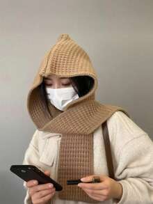 1 Peça Lenço com Capuz de Tricô Fashionável de Cor Sólida Preto/Bege/Cáqui/Marrom/Vermelho com Padrão Trançado, Combinando Estilos Casuais, Boêmios e Elegantes, Confeccionado em Mistura Acrílica Macia Tricotada com Detalhes Trançados e Franjas Intrincados, Design Multifuncional como Lenço com Capuz, Xale