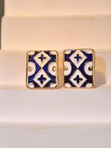 1 对复古几何珐琅奢华耳环，优雅设计，适合女性