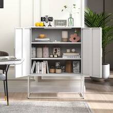 Metal Sideboard, Storage Cabinet – 2 Shelves, Freestanding Steel Cabinet, Magnetic Doors, Anti-Tip Lock, Living Room, Kitchen, Office, White, H 109 Cm * W 85 Cm * D 40 Cm - White + Metal + Modern - View 9