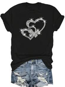 [Camiseta de moda casual] Camiseta suave y cómoda para mujer - Diseño de doble corazón brillante Casual de manga corta y cuello redondo, regalo perfecto para la abuela y la mamá, uso casual de primavera y verano - Negro - Ver 1