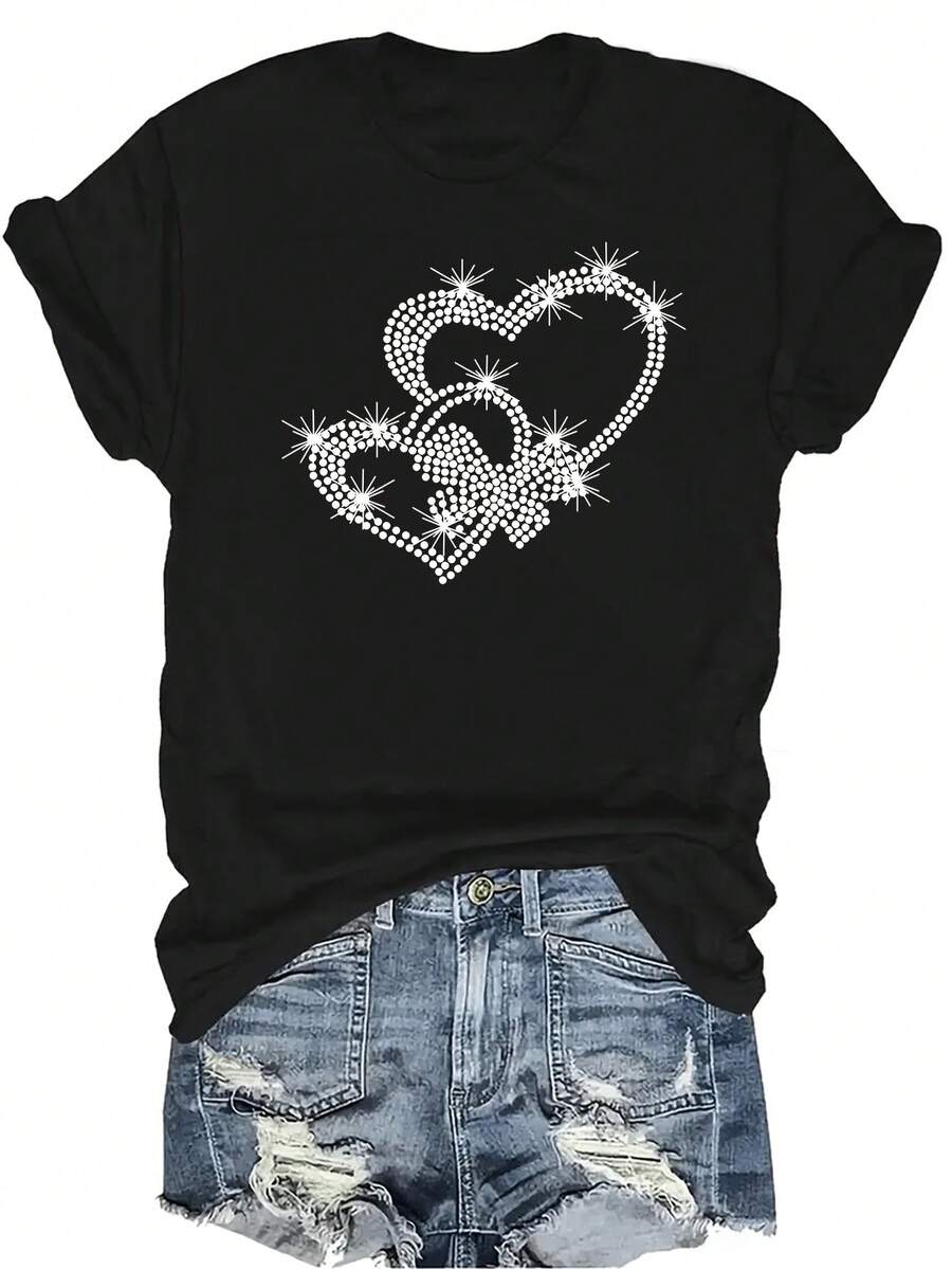 [Camiseta de moda casual] Camiseta suave y cómoda para mujer - Diseño de doble corazón brillante Casual de manga corta y cuello redondo, regalo perfecto para la abuela y la mamá, uso casual de primavera y verano - Negro - Ver 1
