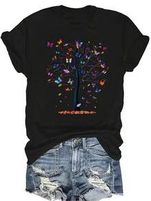 [Camiseta de Moda Casual] Camiseta de mujer suave y cómoda - Camiseta de manga corta de cuello redondo con estampado de mariposas de colores y árbol, regalo perfecto para la abuela y la mamá, uso casual de primavera y verano - Negro - Ver 1