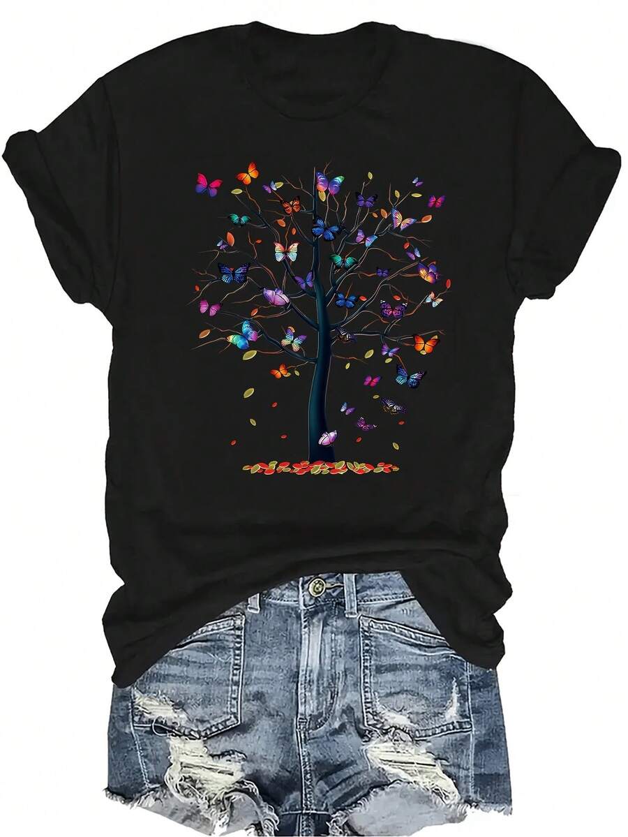 [Camiseta de Moda Casual] Camiseta de mujer suave y cómoda - Camiseta de manga corta de cuello redondo con estampado de mariposas de colores y árbol, regalo perfecto para la abuela y la mamá, uso casual de primavera y verano - Negro - Ver 1