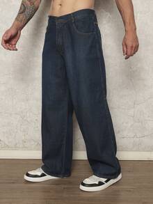 Men's Loose Cotton Jeans With Slant Pockets, Wide, Long, Washed, Skater Style, Cargo, Plain, Light Blue, Going Out, Y2K Style, For Friends, Urban, Going Out, For Work, For Vacation - 中等水洗藍 - 查看 3