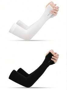 2pairs Solid Color Icy Silk Arm Sleeves, Summer Cooling Sun Protection Cover For Outdoor Activities Such As Running And Fishing Halloween - Black and White - View 5