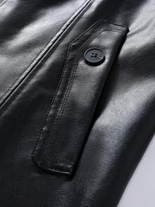 男士 PU 皮革中长款外套，轻便商务腰带风衣 - 黑色 - 查看 5