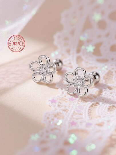 1 Pair 925 Sterling Silver Hypoallergenic Small Flower Stud Earrings, Hollow Design With Sparkling Cubic Zirconia, Screw-Back Closure, Delicate & Cute, Gift Boxed, Suitable For Daily Wear Or Holidays, Gift For Girls, Friends, Back To School, Christmas