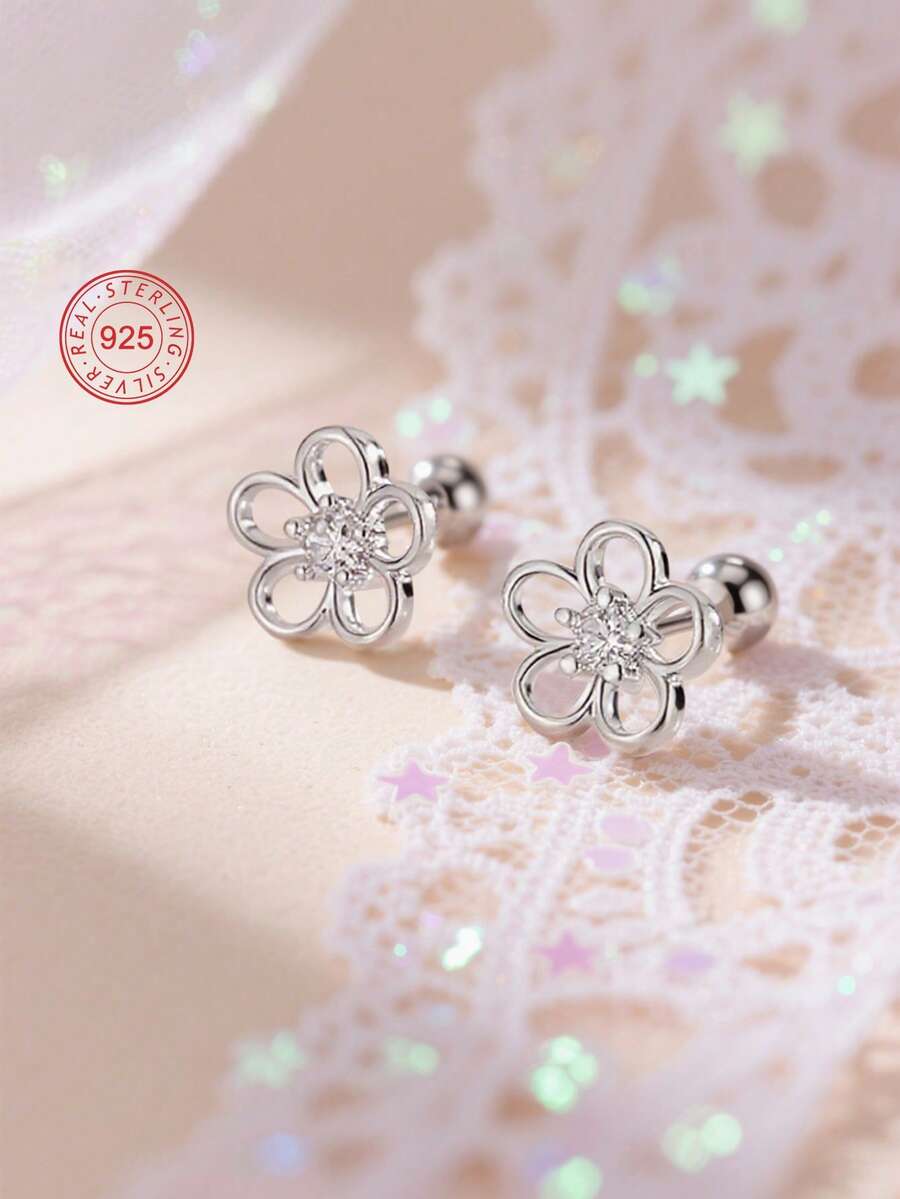 1 对 925 纯银防过敏小花耳钉，镂空设计，镶嵌闪亮方晶锆石，螺旋扣，精致可爱，礼盒包装，适合日常佩戴或节日，适合送给女孩、朋友、返校、圣诞节的礼物 - 均碼 - 查看 1