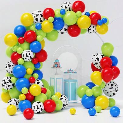 122pcs Theme Balloon Arch Set, Red, Blue, Yellow Balloons Including Cow Pattern Balloons, Suitable For Boys, Girls Story Theme Party, Birthday Party Decoration