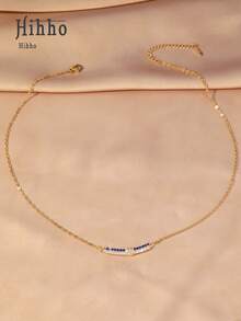 Hihho 1pc New Elegant Navy Blue & Transparent White Zirconia Stainless Steel Necklace, Fashionable Multifunctional Necklace, Curved Women's Minimalist Delicate Gold-Plated Flower Necklace, Suitable For Daily Wear, Weddings And Parties