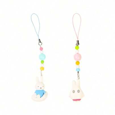  2pcs/Pack Cute Miffy Rabbit Cartoon Plush Pendant, Creative Acrylic Phone Charm Decor, Sweet Girl Style Ornament
