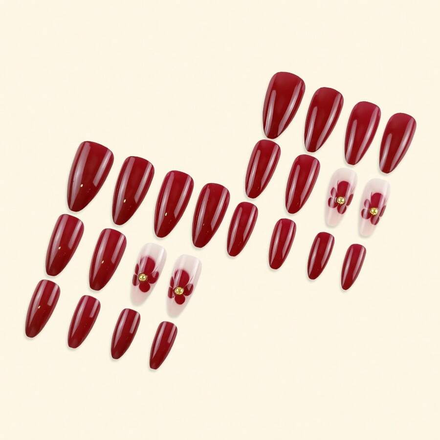 Halloween Top-Loved Handmade Press-On Nails |   Red Floral & Rhinestone Accents (24 Pieces)