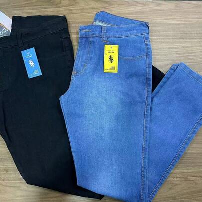 Kit 2 Calça Jeans 36-56 PLUS preto media  Masculina Laicra slim Básica Casual premium Direto Da Fábrica com elastano
