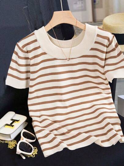 大码圆领条纹撞色休闲套头短袖针织衫 夏季