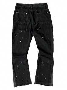 男士宽松休闲牛仔裤，简约时尚做旧牛仔裤，适合所有季节，夏季穿着 - 黑色 - 查看 6