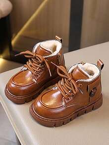 1 双儿童软底防滑保暖内衬系带侧拉链踝靴，简约时尚，适合冬季 - 棕色 - 查看 14