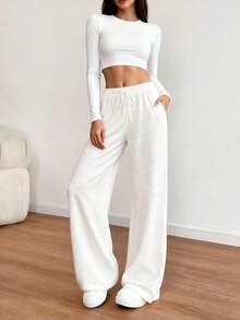 Women's Casual Versatile Solid Color Wide Leg Pants Fall Cloth For Womenwith A Stylish Fake Drawstring And Pockets - White - View 7