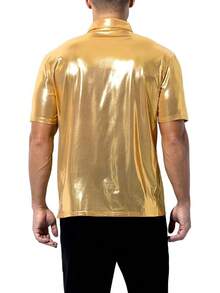Mens Sequin Top 70s Outfit Disco Rave Party Collared T-Shirt Short Sleeve Breathable Metallic Shirthalloween - 金色 - 查看 7