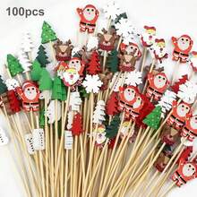 Christmas Cocktail Picks 100pcs Assorted Handmade Santa Claus Snowflake Snowman Christmas Tree Elk Fruits Bamboo Toothpicks For Drink Fruit Dessert Food Appetizers Decoration, Halloween, Halloween Decoration