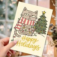 1pc Funny Christmas Card - Cute Scowling Cat With Red & White Scarf, Beige Background - Holiday Greeting Card For Friends, Family, Coworkers - Christmas Party, Office, Or Everyday Decoration - No Batteries Needed - Perfect Christmas Gift Idea, Festive Stationery, Whimsical Design, Durable Paper, Office Workers, White Christmas Cat Card,