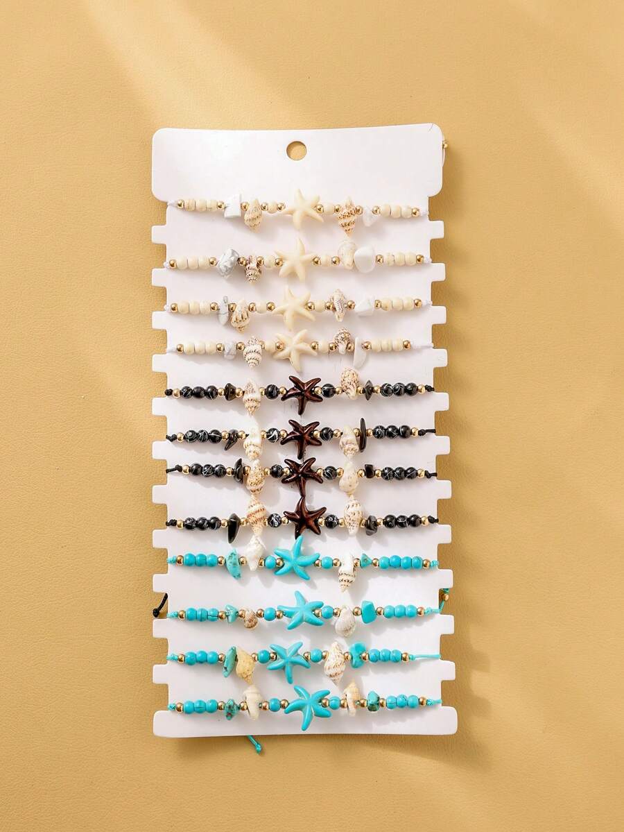 12pcs Ocean Beach Elements Starfish Turquoise Beads Shell Woven Bracelet - Multicolor - View 1