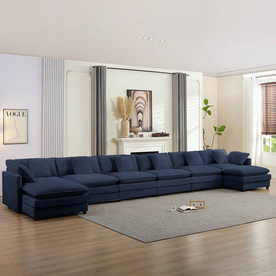 Puremind Modern 217.3'' Oversize U-Shaped Modular Sectional Sofa With 2 Ottomans,8-Seat Cloud Couch, Modern Chenille Sofa Sleeper Deep Seat Couches - 藏蓝色 - 查看 1