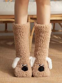 1双女士保暖毛绒防滑袜，万圣节配饰，圣诞节礼物，毛绒袜，冬季家居拖鞋 - 咖啡棕 - 查看 3