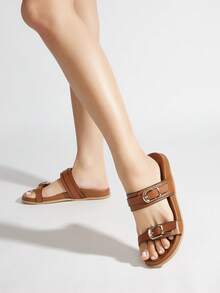 Casual Holiday Brown Metal Strap Flat Sandals - Brown - View 11