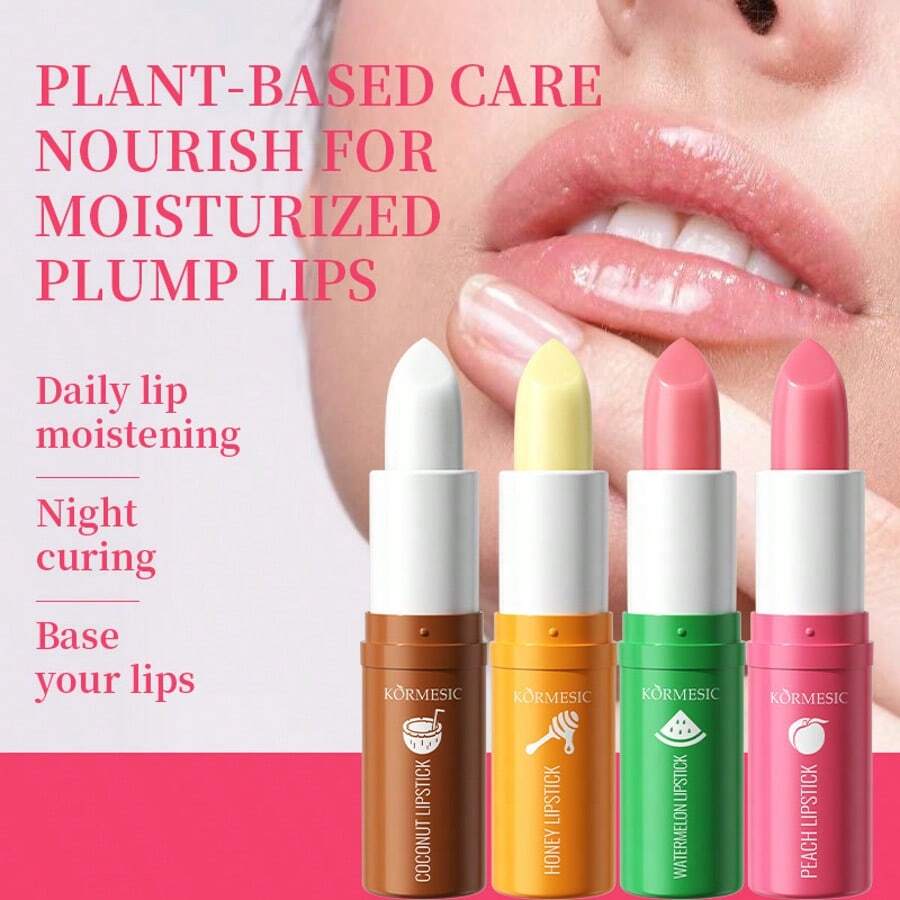 3g Plant-Based Lip Balm, Nourishing & Plumping, Available In Watermelon/Honey/Coconut/Peach Flavors, Moisturizing, Repairing Dry, Chapped Lips, Fading Lip Lines, Daily Lip Care - Multicolor - View 1