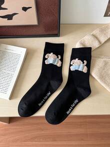 1 par de calcetines de tripulación con diseño de animales versátil y lindo, calcetines casuales de invierno/otoño para mujer