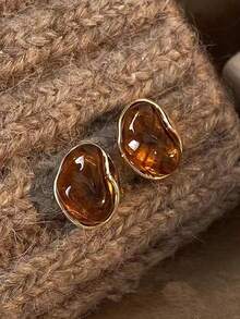 2件套复古棕色树脂白虎眼石耳钉，时尚女士耳环，个性化染色首饰 - 棕色 - 查看 9