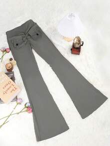 Y2K 高腰弹力口袋提拉塑形喇叭瑜伽裤 - 灰色 - 查看 5