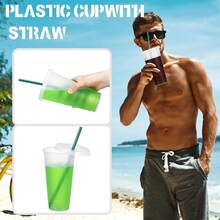 30/20/10 Pack Fashionable Plastic Cup With Lids And Green Straws-24oz Reusable Plastic Cup, Portable And Watertight, Suitable Party And Outdoor Entertainment Fit Adults, Women, Party, Halloween Gifts Summer Beaches, Weddings, Offices, Picnics, Take Photos - 透明+墨綠吸管 - 查看 8