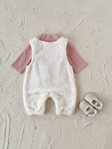 2pcs/Set Newborn Baby Girls' Floral Thick Long Sleeve T-Shirt And Fleece Jumpsuit, Winter - White - View 9