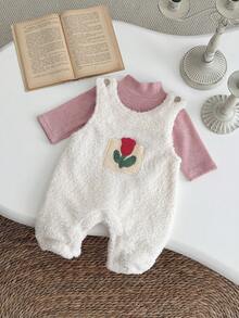 2pcs/Set Newborn Baby Girls' Floral Thick Long Sleeve T-Shirt And Fleece Jumpsuit, Winter - White - View 5