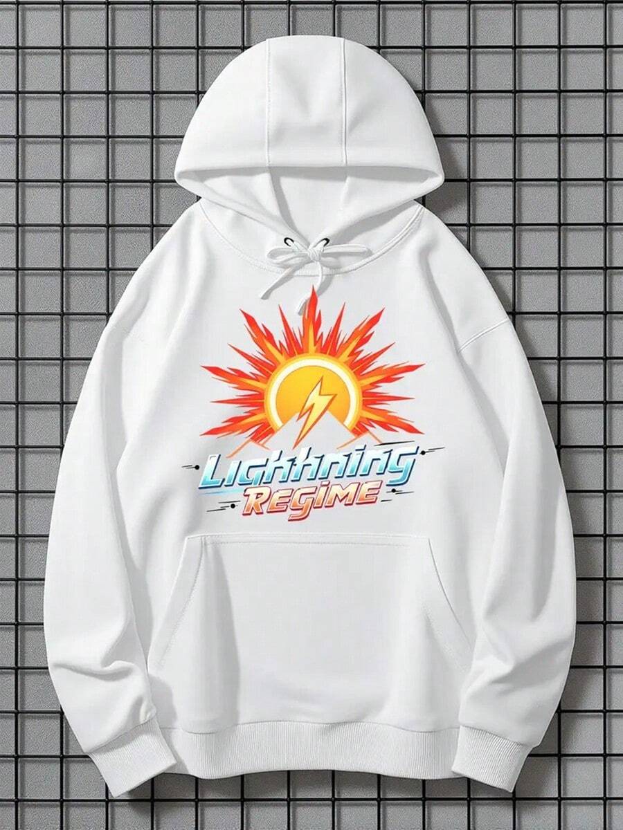 Solar Surge Hoodie - Long Sleeve, Knit Fabric, Relaxed Fit, Full Size, Fashionable Graphic Print, Perfect For Casual Outings And Daily Wear,Fall Hoodies,Men's Fall Clothes,Street Wear,Halloween,Mens Hoodies,Y2k Clothes,Jesus Hoodie,Thanksgiving Day,Nightmare Before Christmas,Christmas - 白色 - 查看 1