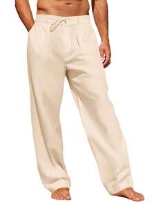 Men's Elastic Waist Beach Joggers Linen Cotton Drawstring Closure Lightweight Loose Style Yoga Ready - 米色 - 查看 4