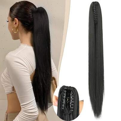 Ponytail Extension 24 Inch Long Straight Claw Clip Drawstring Ponytail For Women Fake Pony Tails Natural Soft Clip In Hair Extension Pony Tail (Black Brown)