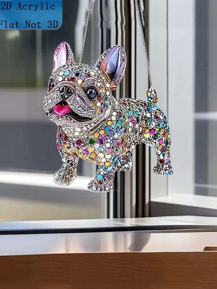 2D 平面闪亮法国斗牛犬亚克力捕光器 - 彩色水晶状挂饰，带粉色蝴蝶结，适合家庭、办公室和花园 | 送给爱狗人士和节日庆典的完美礼物，狗狗装饰，2D 平面 - 彩色 - 查看 2