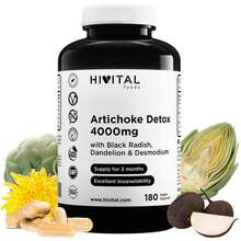 HIVITAL foods Alcachofa Detox 4000 mg. 180 cápsulas veganas para 3 meses de tratamiento. Con Alcachofa, Rábano Negro, Diente de León y Desmodium. Sin Estearato de Magnesio ni Dióxidos de ningún tipo. 100% Natural, Vegano y Sin Gluten. Fabricado en España por HIVITAL. ✅Entrega 24/48h - Sin sabor - Ver 2