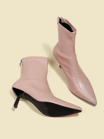Höst/vinter 7 cm högklackade ankelstövlar och korta stövlar för kvinnor, bekväma och moderiktiga stretchiga smala stövlar, rosa, kitten heels