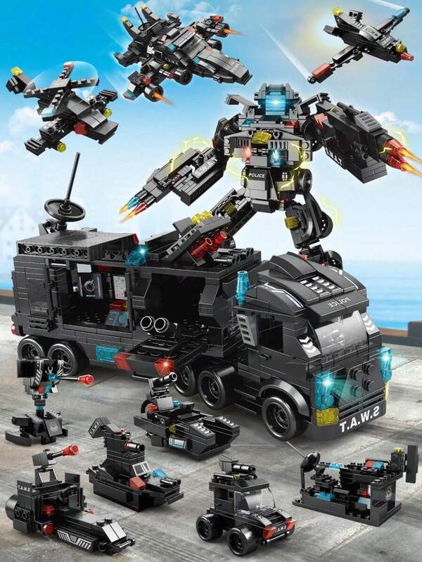 585 piezas, Juego de bloques de construcción de transformación de robot de 8 en 1 con 3 modos, que incluye coches, aviones de combate, patrulleras, estaciones de señal y otros bloques de construcción con temática urbana, juguetes de ensamblaje DIY, regalo perfecto para la decoración de la habitación del novio