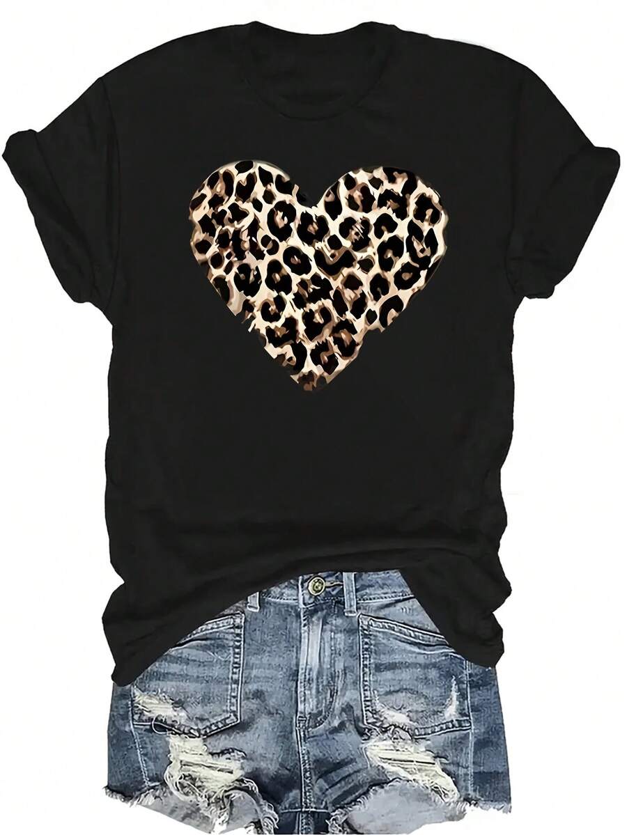 [Camiseta de moda casual] Camiseta suave y cómoda para mujer - Parte superior de manga corta con cuello redondo, estampado de leopardo en forma de corazón, regalo perfecto para la abuela y la mamá, uso casual de primavera y verano - Negro - Ver 1