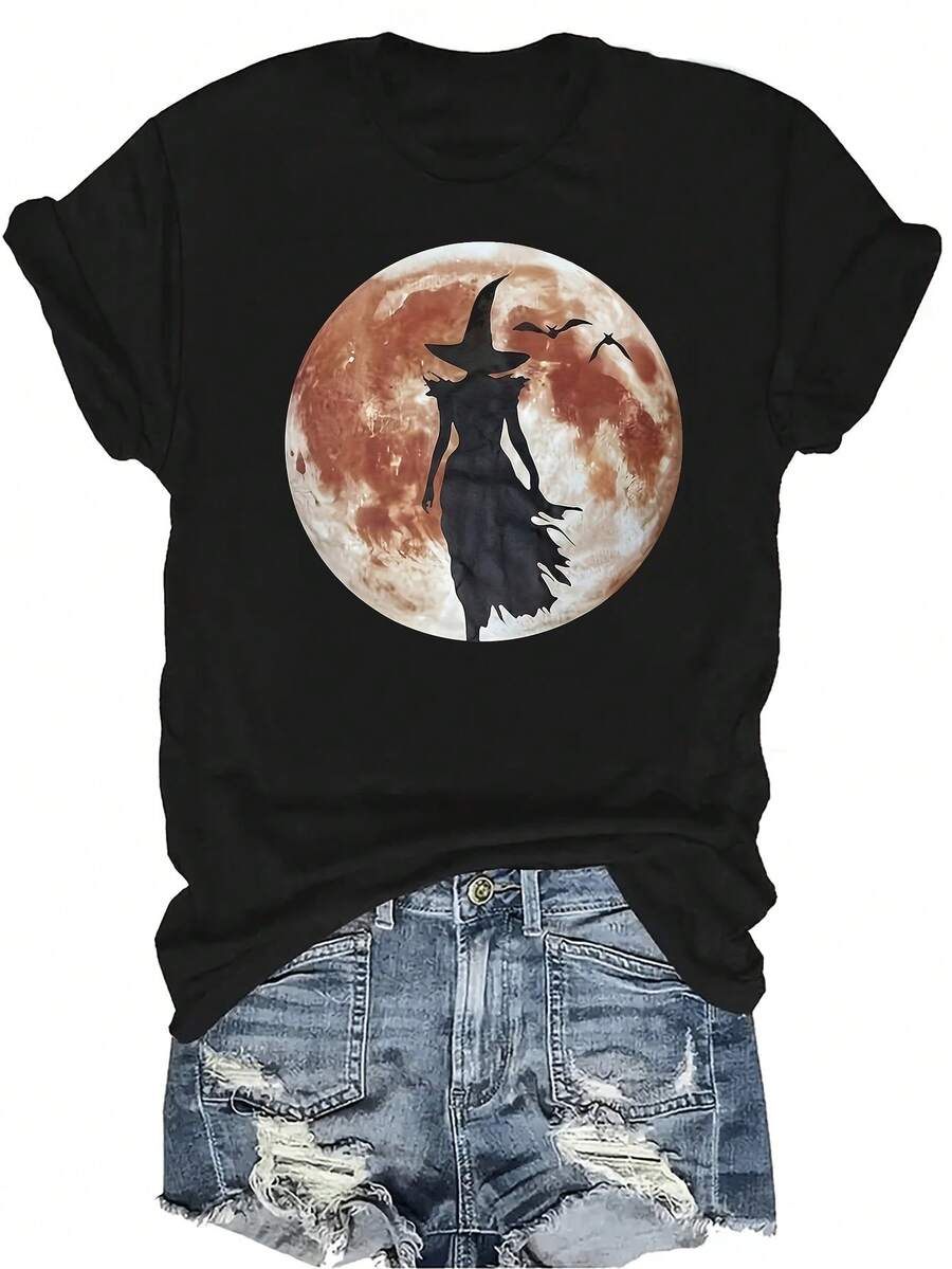 [Camiseta de moda casual] Camiseta suave y cómoda para mujer - Silueta de bruja a la luz de la luna, manga corta, cuello redondo, casual, regalo perfecto para la abuela y la mamá, uso casual en primavera y verano - Negro - Ver 1
