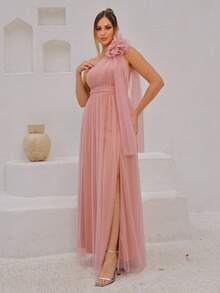 Long One-Shoulder Dress With Glittery Flower - Rusty Rose - View 1