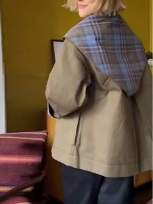 双面复古时尚夹克，橄榄绿纯色/蓝棕色格子图案，可拆卸披肩领，圣诞节女士外套，百搭秋季大衣 - 藍棕撞色 - 查看 3