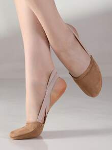 绒面半趾鞋，半底舞蹈鞋，啦啦队韵律体操鞋，芭蕾舞袜鞋，旋转鞋，硅胶松紧带，防滑 - 棕色 - 查看 1