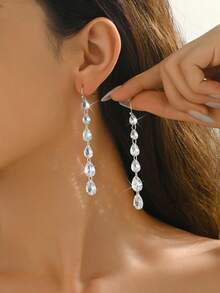 1 Pair Minimalist Copper Water Drop Zirconia Stone Long Earrings For Women, Suitable For Daily Wear
